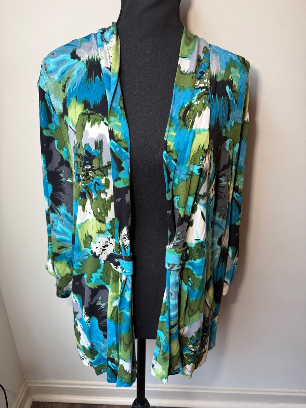 NWT Perceptions Woman 18W Open Front Floral Cardigan Blue Green Plus Size